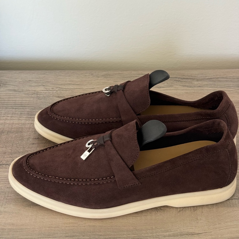 Loro Piana Suede Summer Charms Walk Loafers. Chocolate. Size 37.